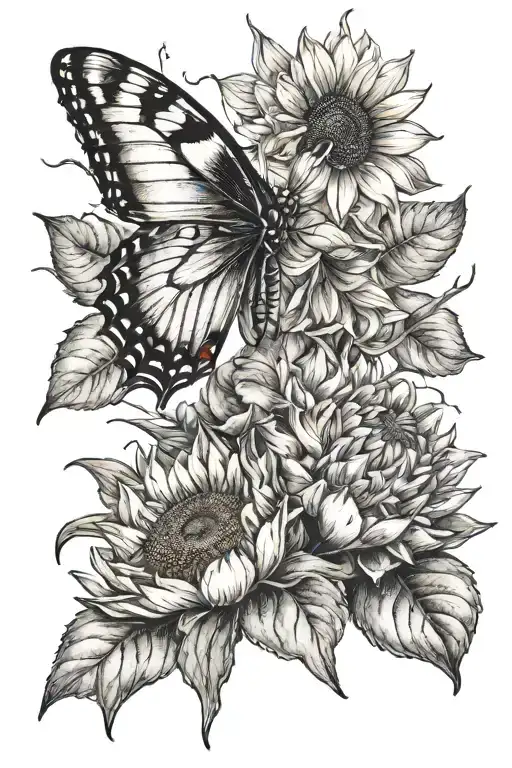 Butterfly Flying Over A Lotus Flower And A Sunflower