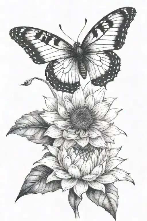 Butterfly Flying Over A Lotus Flower And A Sunflower With Hints Of Dark Meaning
