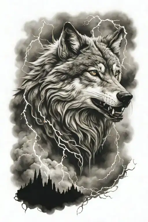 Wolf With Dragon Lightning And Clouds