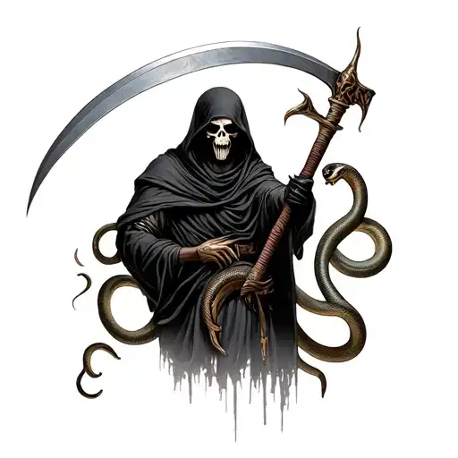 Grim Reaper Holding A Scythe And A Snake Wrapped Around Him