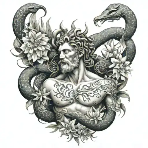 A Greek God Full Body Surrounded My 3 Snakes With Spider Lilies In The Air