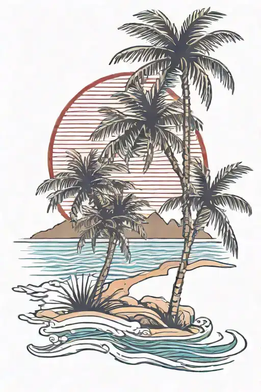 Beach Shore With Palm Trees With Red Blue Stripes