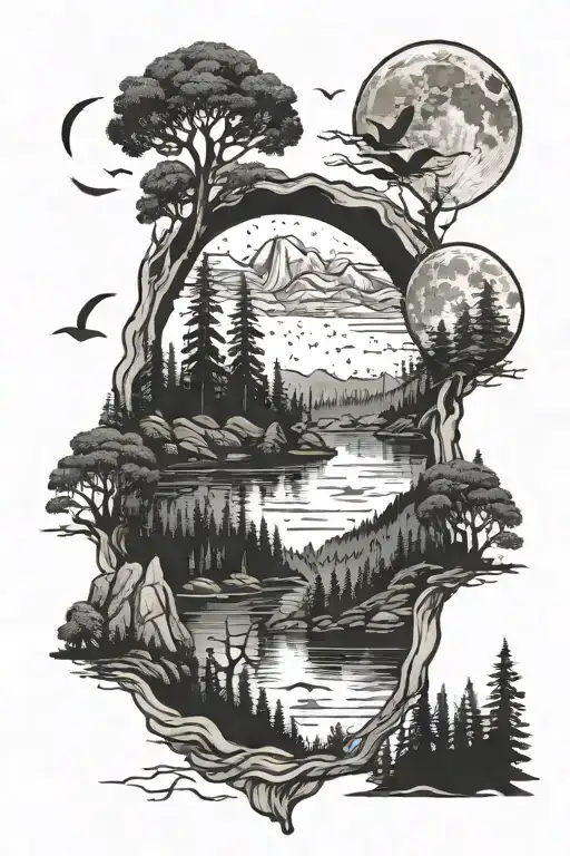 Swedish Forest With Mountains Water Animals Birds And The Moon