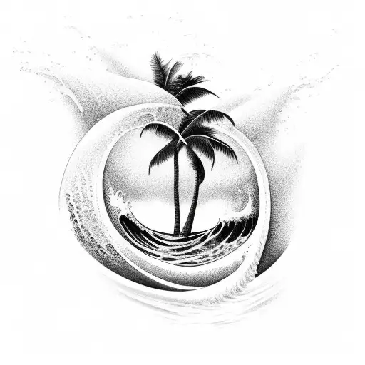 A Palm Tree With Waves Crashing Against The Shore In Black And Grey