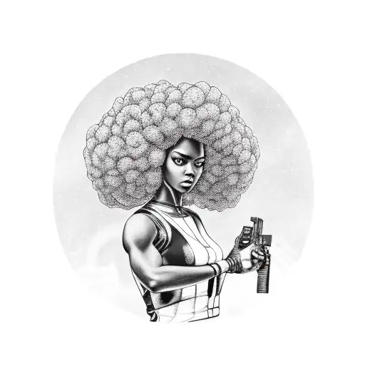 Beautiful Black Woman With An Afro Holding A Pistol In Her Hand Instead Of The Torch