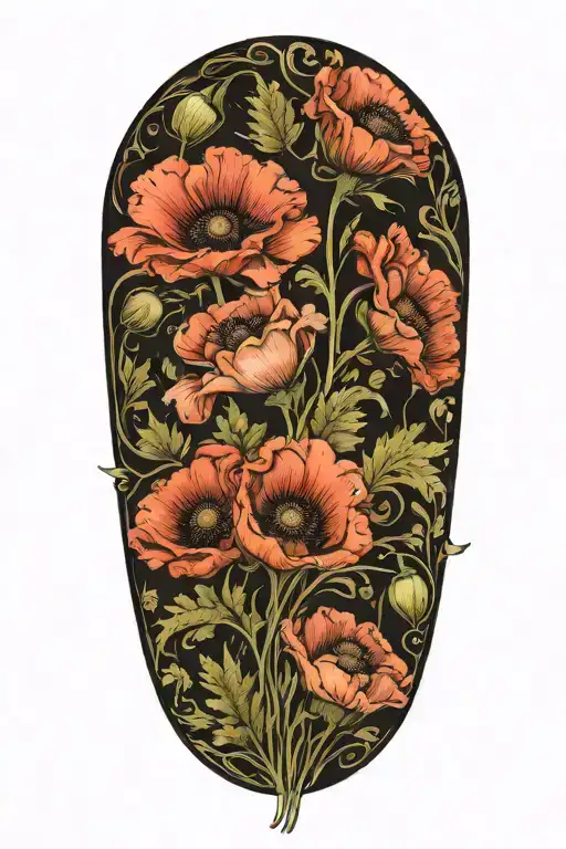Poppies And Fern Leaves Art Nouveau Style