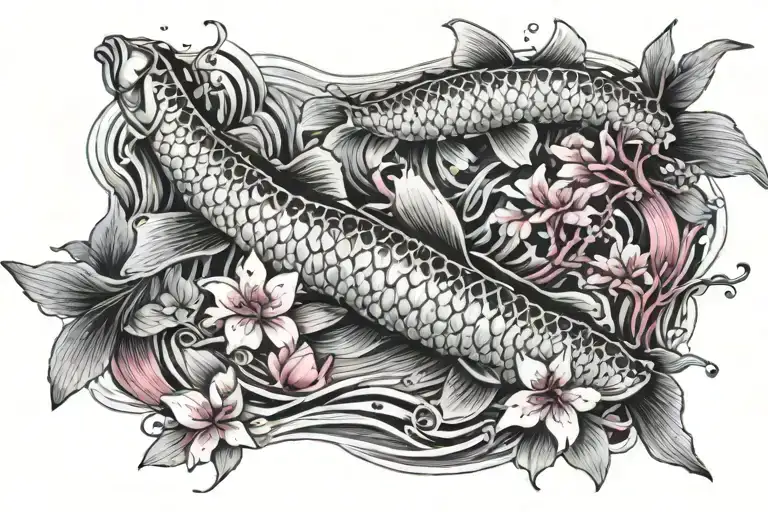 Carpe Koi Black End White With Sakura Flowers Pink And Blue Waters Run Deep
