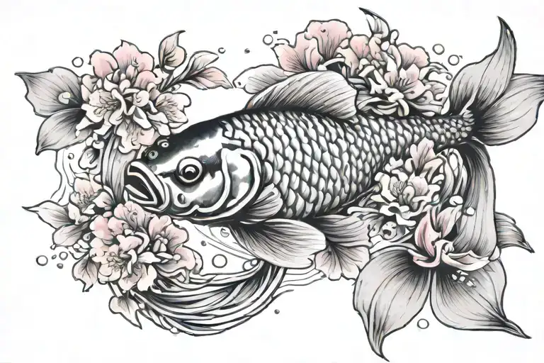 Big Carpe Koi Black End White With Sakura Flowers Pink And Blue Waters Run Deep