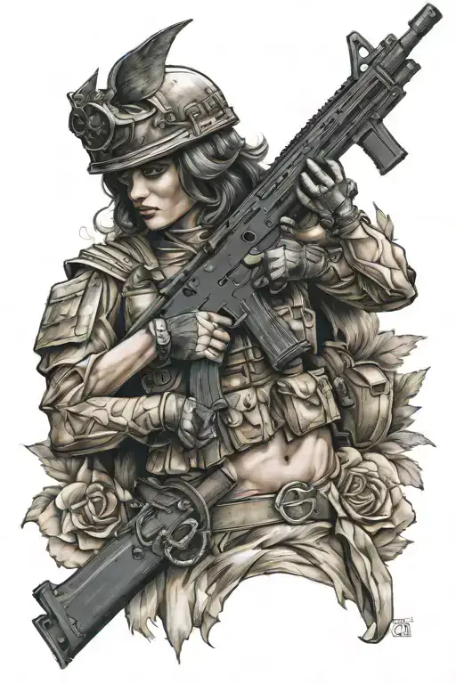 Goddess Diana In A Military Helmet With An M4a1 Rifle