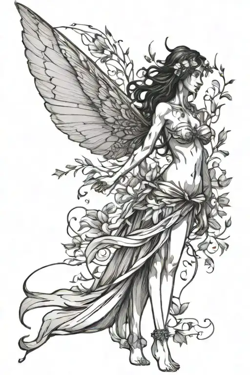 Outline Of A Standing Woman's Body With Fairy Wings Spread Out