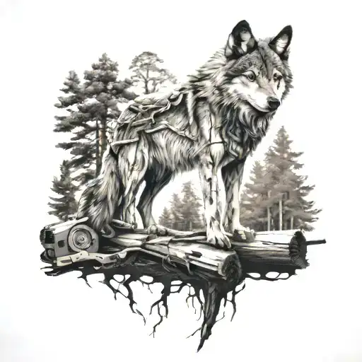 A Wolf And A Forest In Front Of Him A Stump In The Middle And A Chainsaw On It