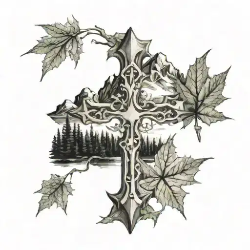 Cross With Mountains Surrounded By Maple Leaf