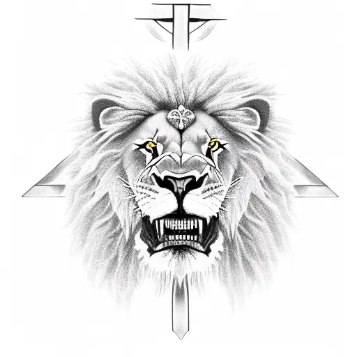 Lion Showing Teeth Holding Christian Cross