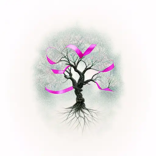 Tree With Pink Ribbon Blowing In The Wind