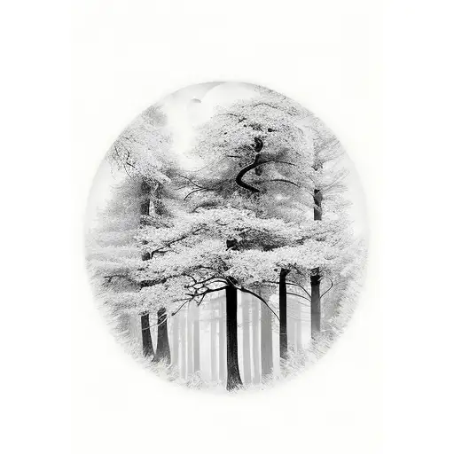 Black And White Sleeve Of A Forest With The Death Flying In The Sky