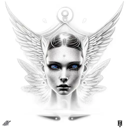Black And White Half Mech Half Female Face With Angel Wings