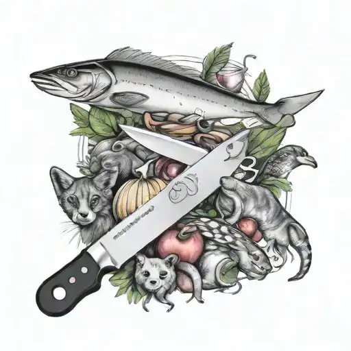 A Chef's Knife Surrounded By Various Animals Representing Different Ingredients