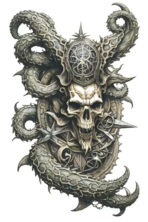 A Detailed Kraken Wrapping Its Tentacles Around A Ram Skull Over A Compass Rose