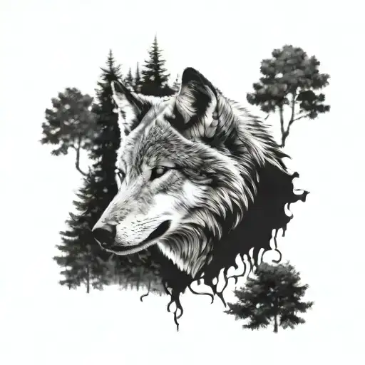 Wolf With Forest Background Black And White