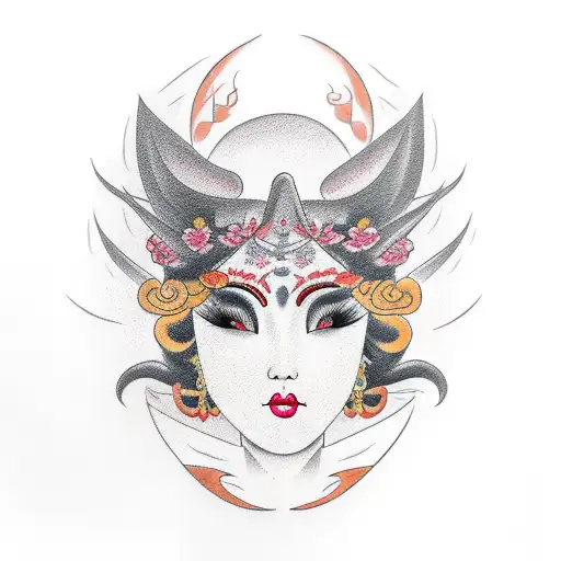 Pretty Geisha Face Straight On Tattoo With Dragon Circling Above