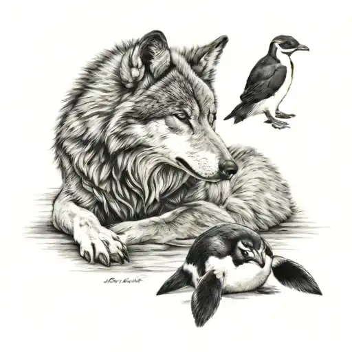 Wolf Laying Down With His Head While Watching A Penguin
