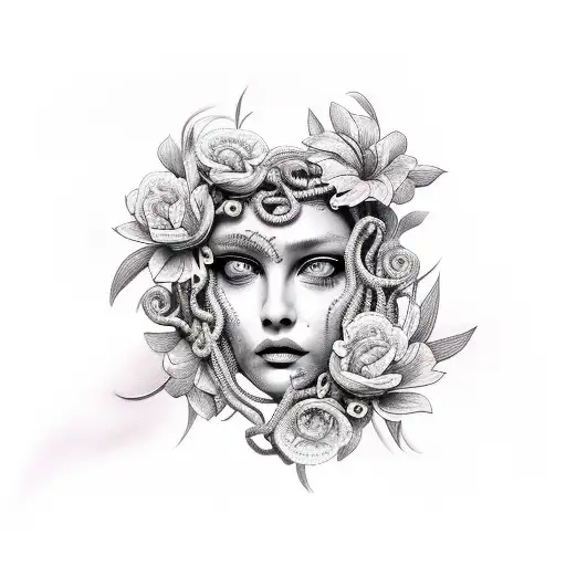 Medusa With Black Facial Features And Flowers