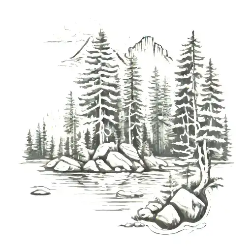 Mountain River And Pine Trees