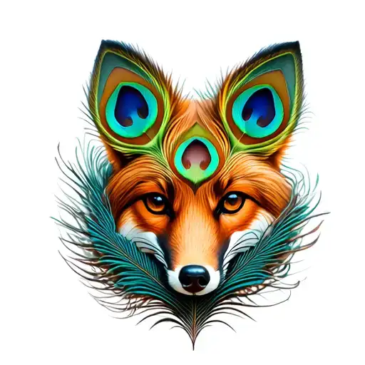 Fox Face Made Of Peacock Feathers
