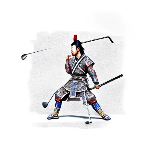 Japanese Samurai Wielding A Golf Club As A Weapon