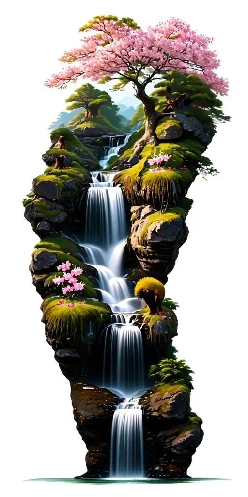 Flowers Animals Natural Waterfall With A Cherry Blossom Tree