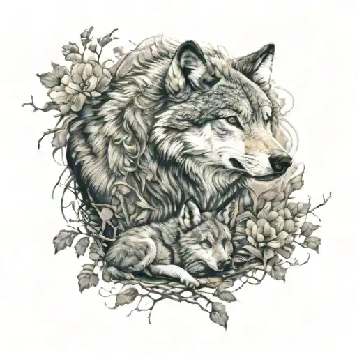 Male Wolf With 3 Cubs Lying On A Pretty Background In The Open