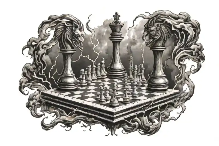 Chess Board With King Center Of Screen And Lightning Storm In The Background