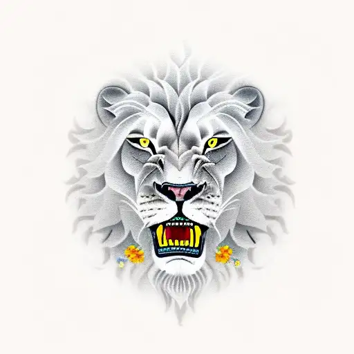 A Roaring Lion Composed Of Musical Notes And Virginia Water Lilies