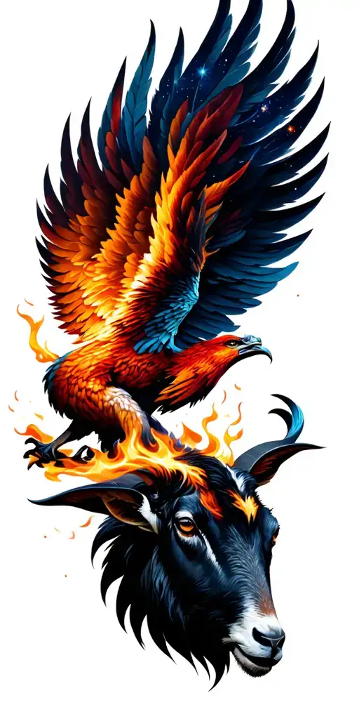 A Phoenix Rising Out Of The Head Of A Goat Through Outer Space And Flames With Burning Feathers