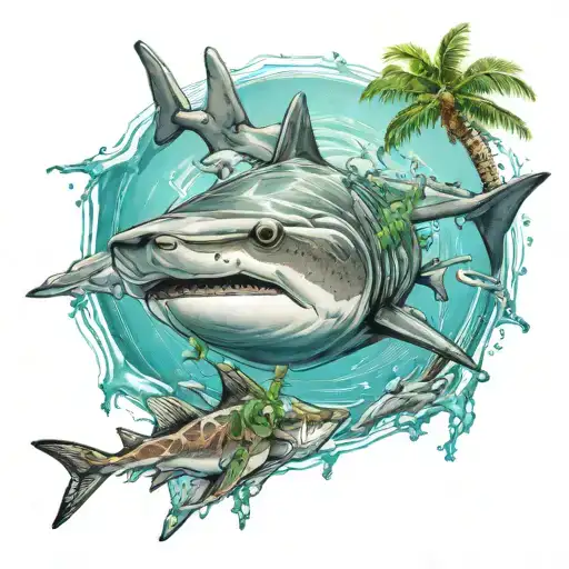 A Realistic Portrait Of A Nurse Shark With A Background Of Turquoise Waters And Palm Trees