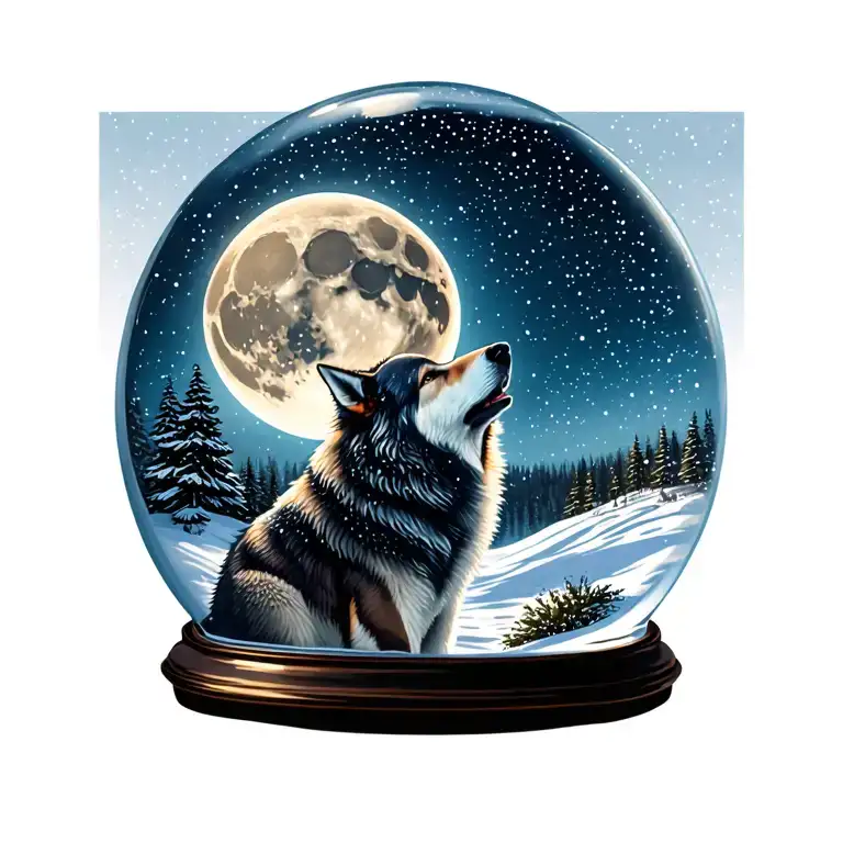Snow Globe And Wolf Howling At The Moon