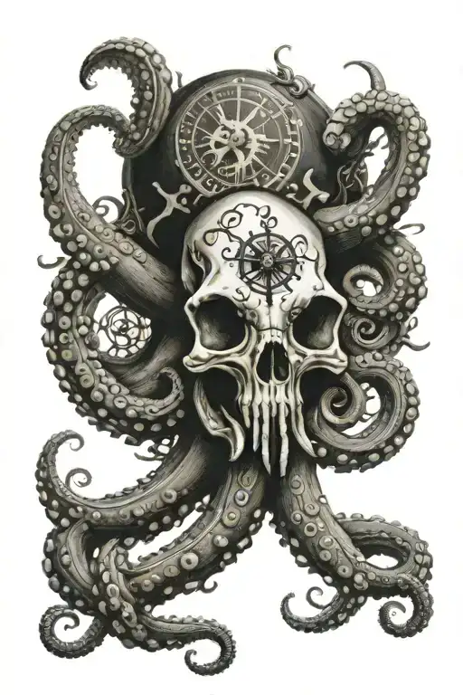 A Detailed Octopus Wrapping Its Tentacles Around A Ram Skull Over A Compass Rose