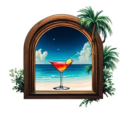 A Fairly Simple Tattoo Of An Arc Window That Saw A Martini Cocktail On Sea With A Palm Tree