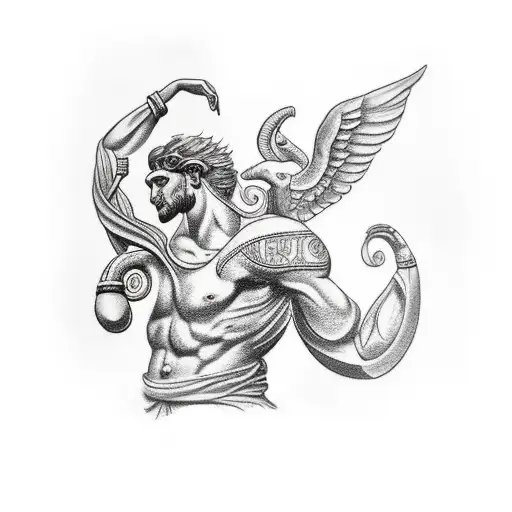 Greek Arm Tatoo With Hercules Half And Clock Half Colussium And A Horse With Wings For Arm