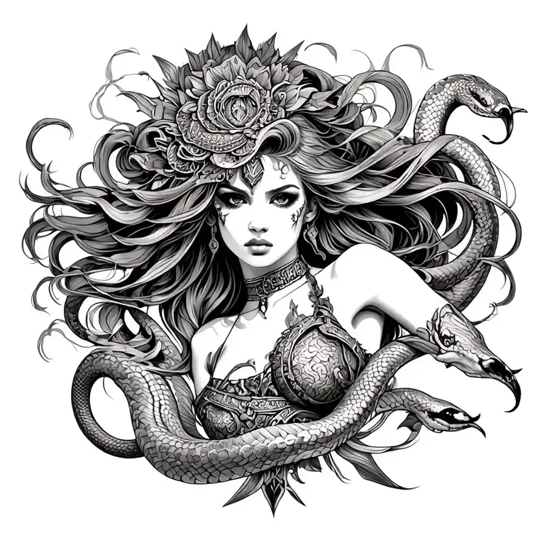 Warrior Girl Versace Pattern Incorporating Elements And Furious Waves And Snakes