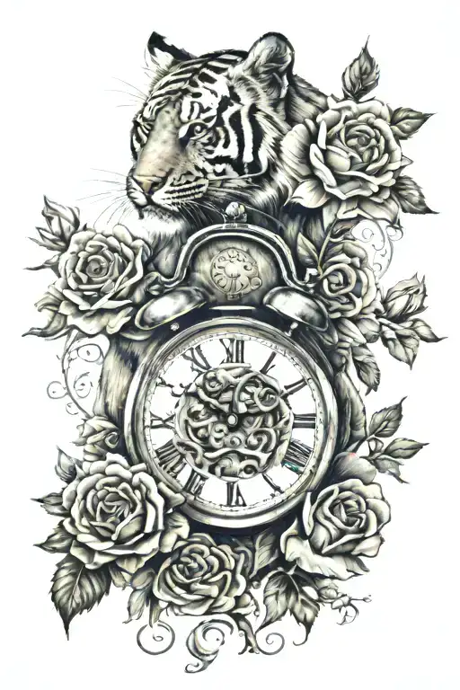 Clock With Tiger And Cub And Roses