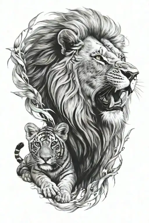 Lion With Baby Tiger