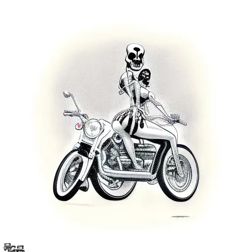 Grim Reaper And Pin-up Girl Riding A Motorcycle Through A Cemetery
