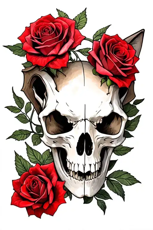 Jackal Skull With 3 Red Roses Intertwined