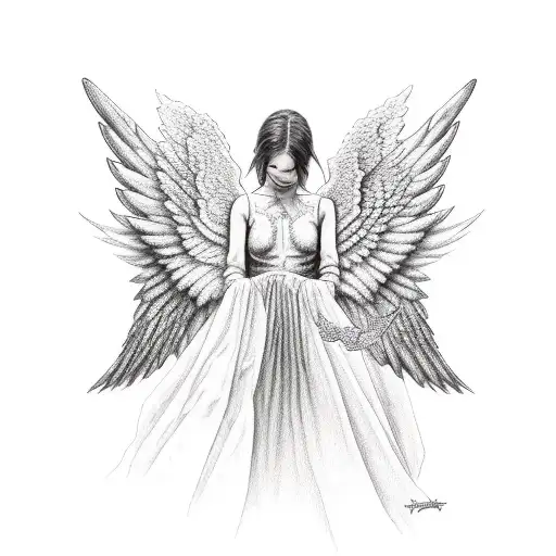 Sad Female Angel Crouched Over A Red Shattered Heart