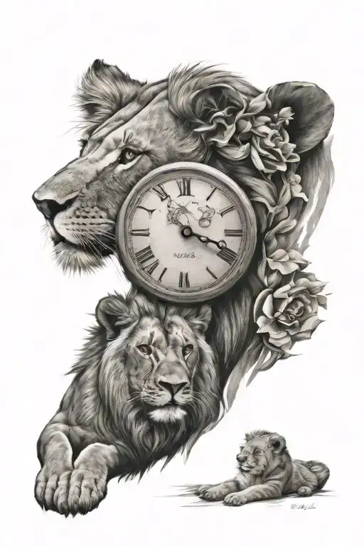 Clock And Lion And Lion Cub