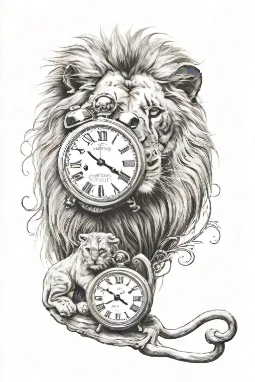Lion And His Cub With A Clock In The Background