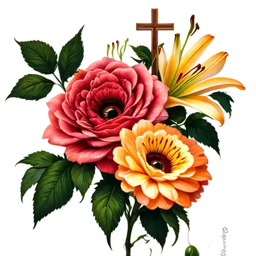 A Lily Rose And Zinnia Stacked Next To A Cross And Inside The Cross There's Tiger Eyes