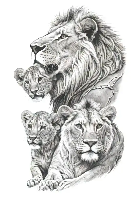 Dad Lion With Three Cubs Huddled Together