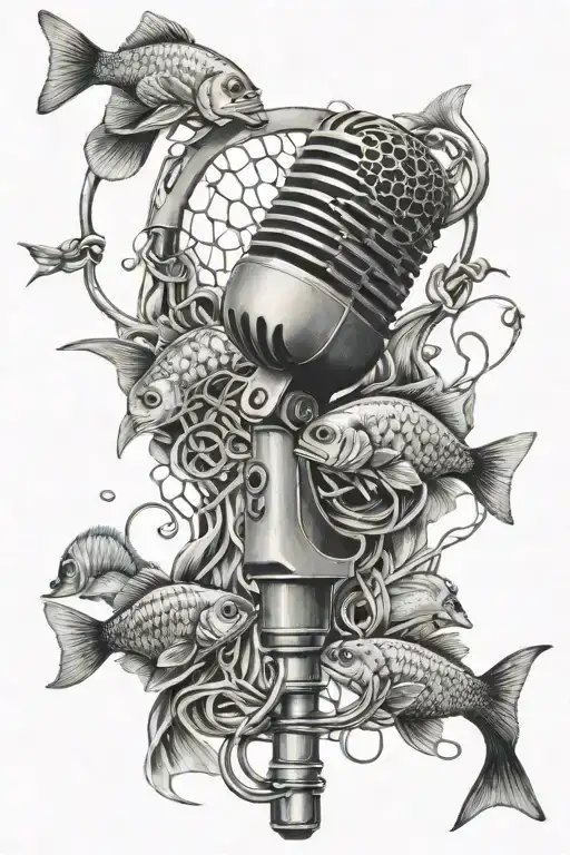 A Microphone Intertwined With Fishing Hooks And Surrounded By A School Of Fish